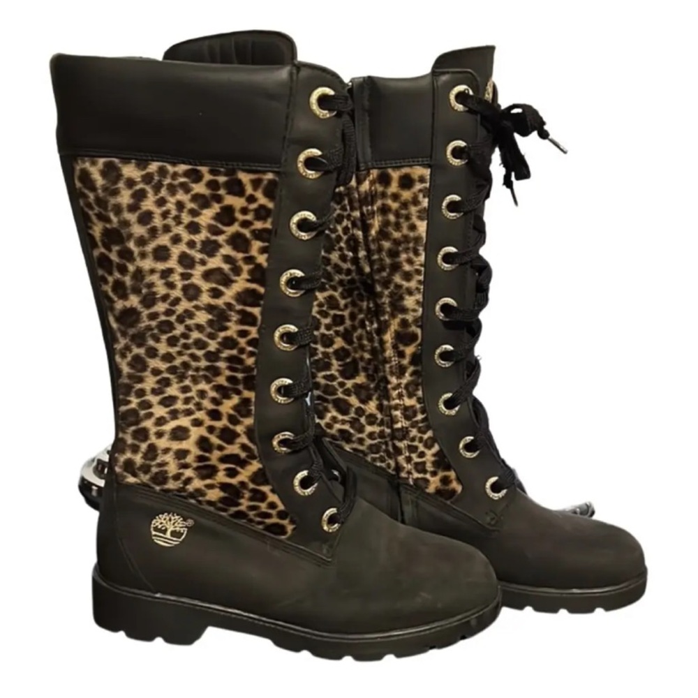 lace up tall timberland cheetah boots with zipper size 6.5